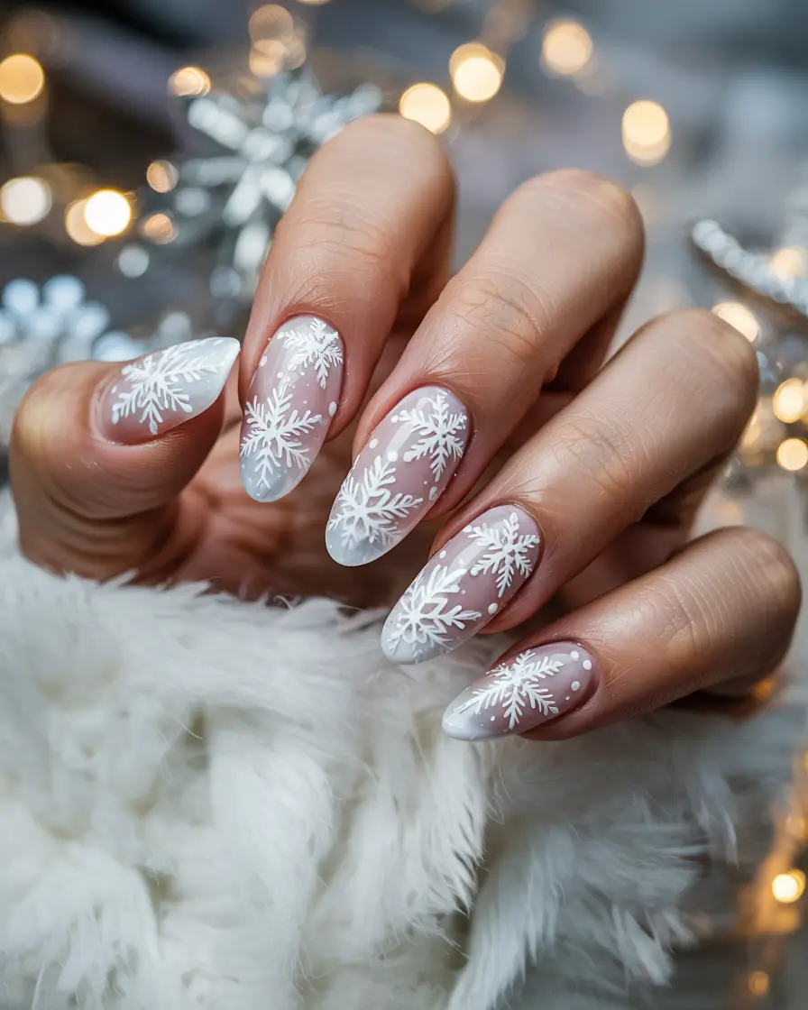 winter acrylic nails almond Snowflake Whisper