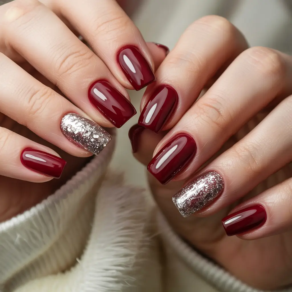 winter acrylic nails red Burgundy Silver Spark