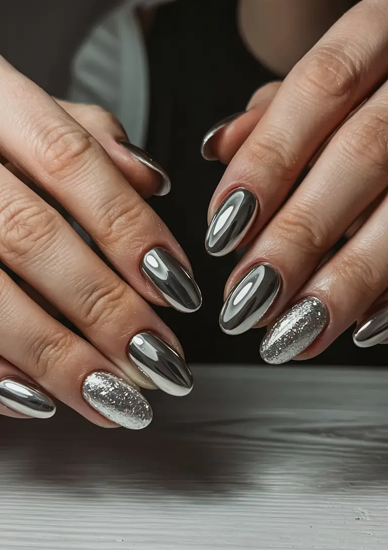winter acrylic nails almond Chrome Mirage