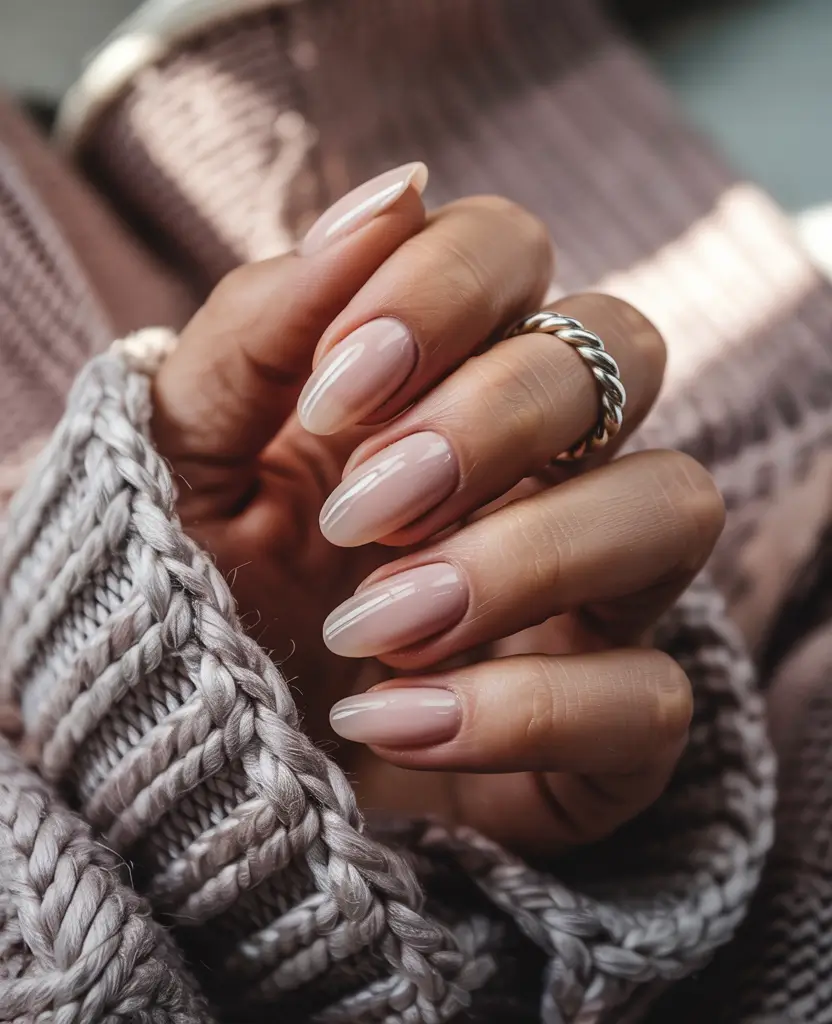winter acrylic nails almond Creamy Nude Elegance