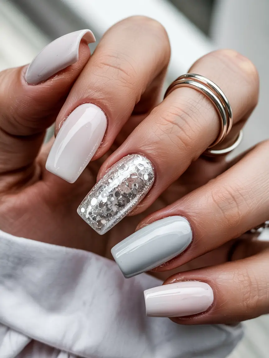 winter acrylic nails simple Silver White Spark