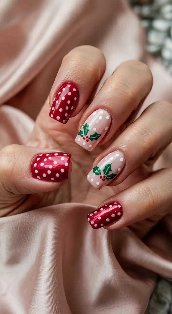 winter acrylic nails red Holiday Berry Polka Dot