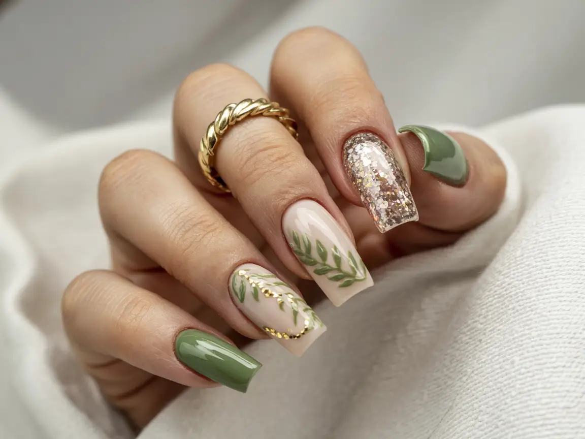 winter acrylic nails designs Golden Olive Charm