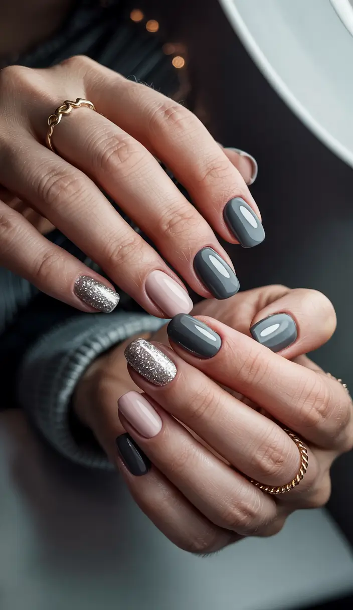winter gel nails ideas 2025 short Smoky Gray & Champagne Sparkle