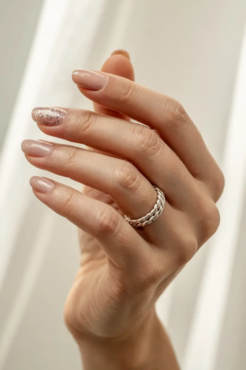 winter gel nails simple Delicate Nude Sparkle