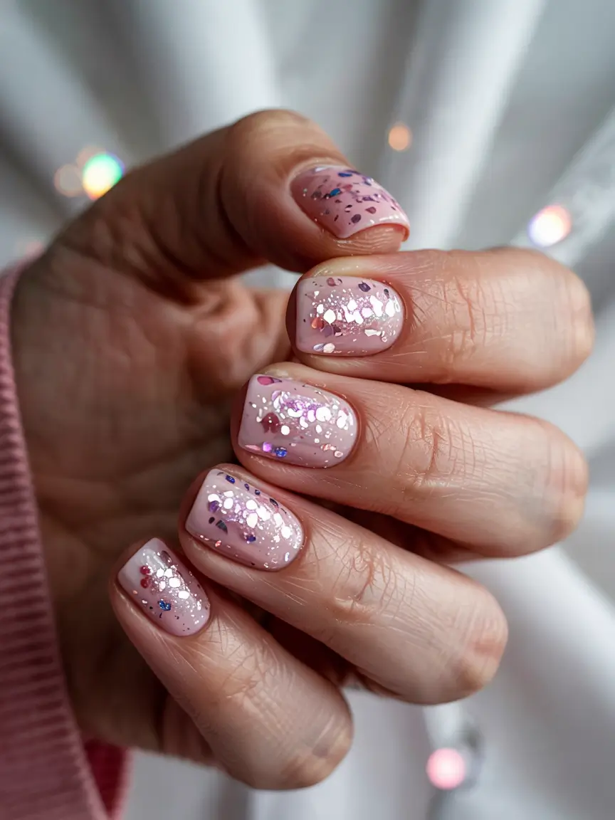 winter gel nails ideas 2025 short Pink Confetti Glam