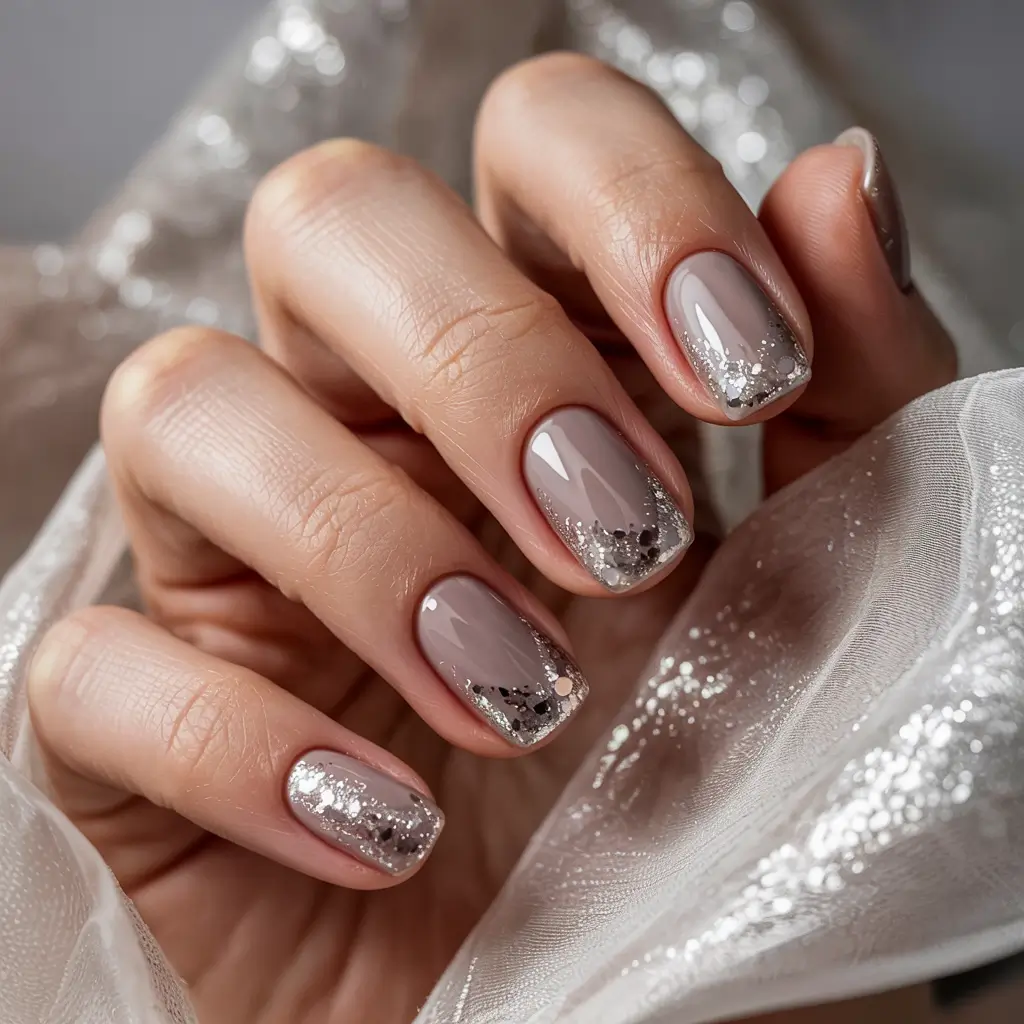 winter gel nails ideas 2025 Champagne Glitter Fade