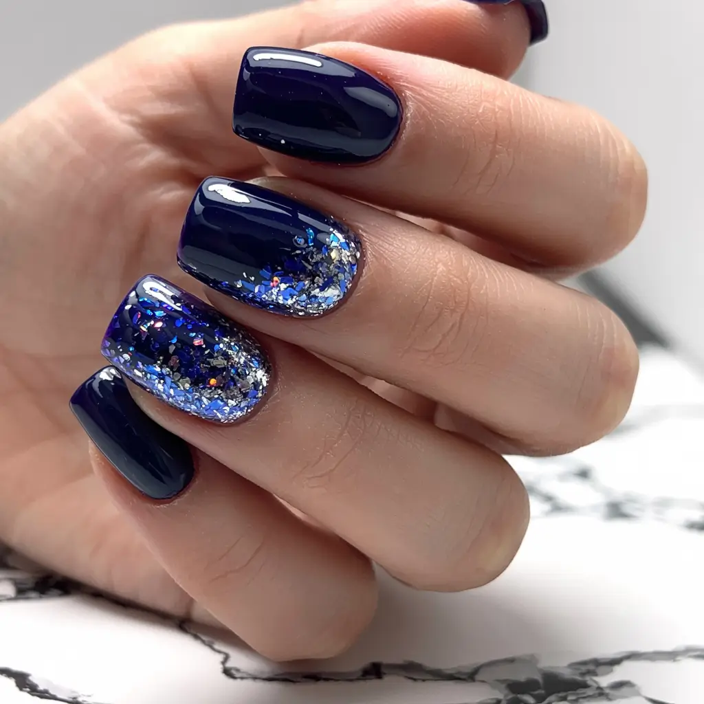 winter gel nails ideas 2025 short Midnight Sky Glitter Fade