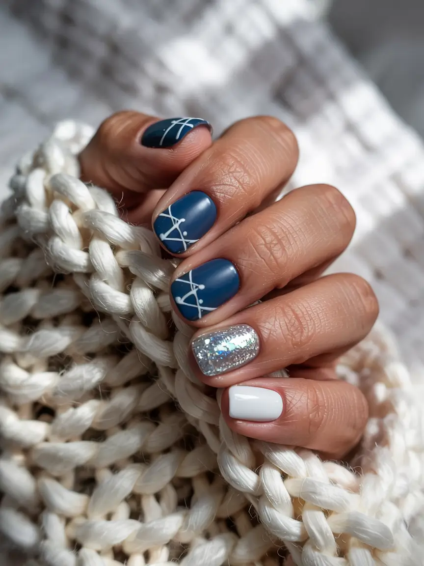 winter gel nails simple Nordic Knit-Inspired Blue and Silver
