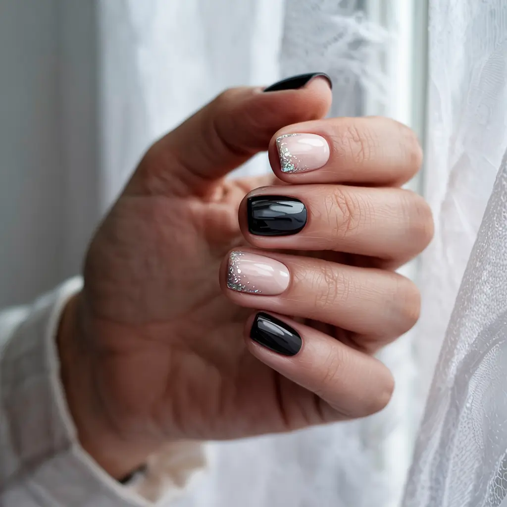 winter gel nails ideas short almond Monochrome Glam Fusion