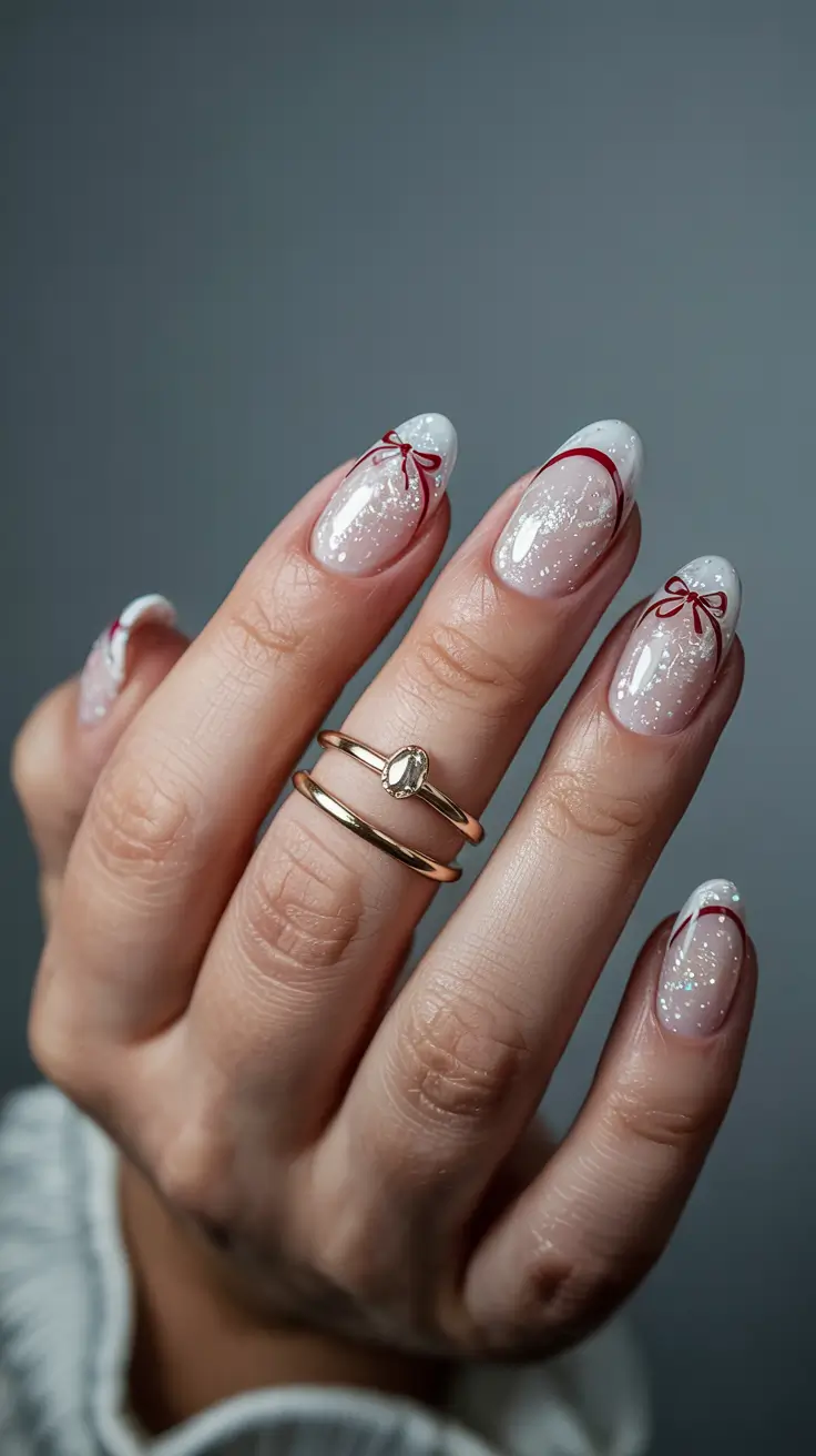 red christmas nails winter Delicate Sparkle with Bow Charm