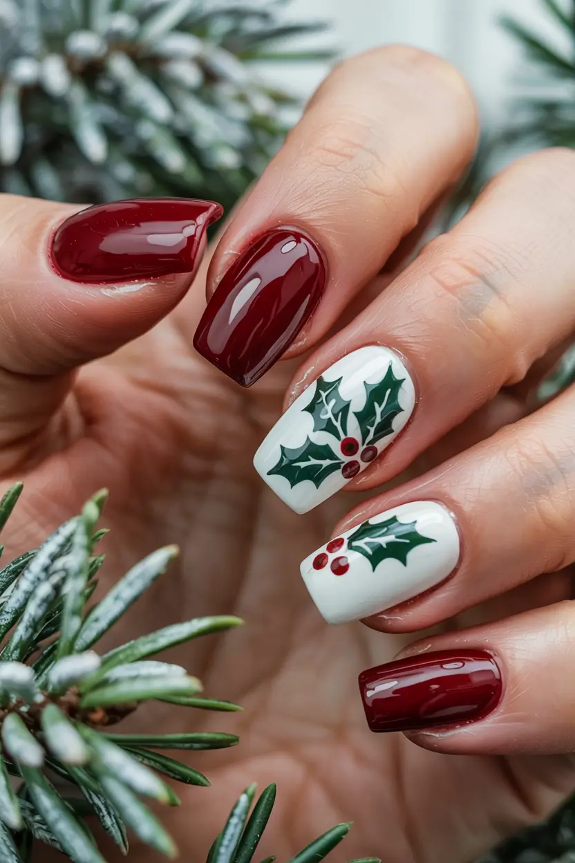 red christmas nails designs 2025 Holly Berry Chic