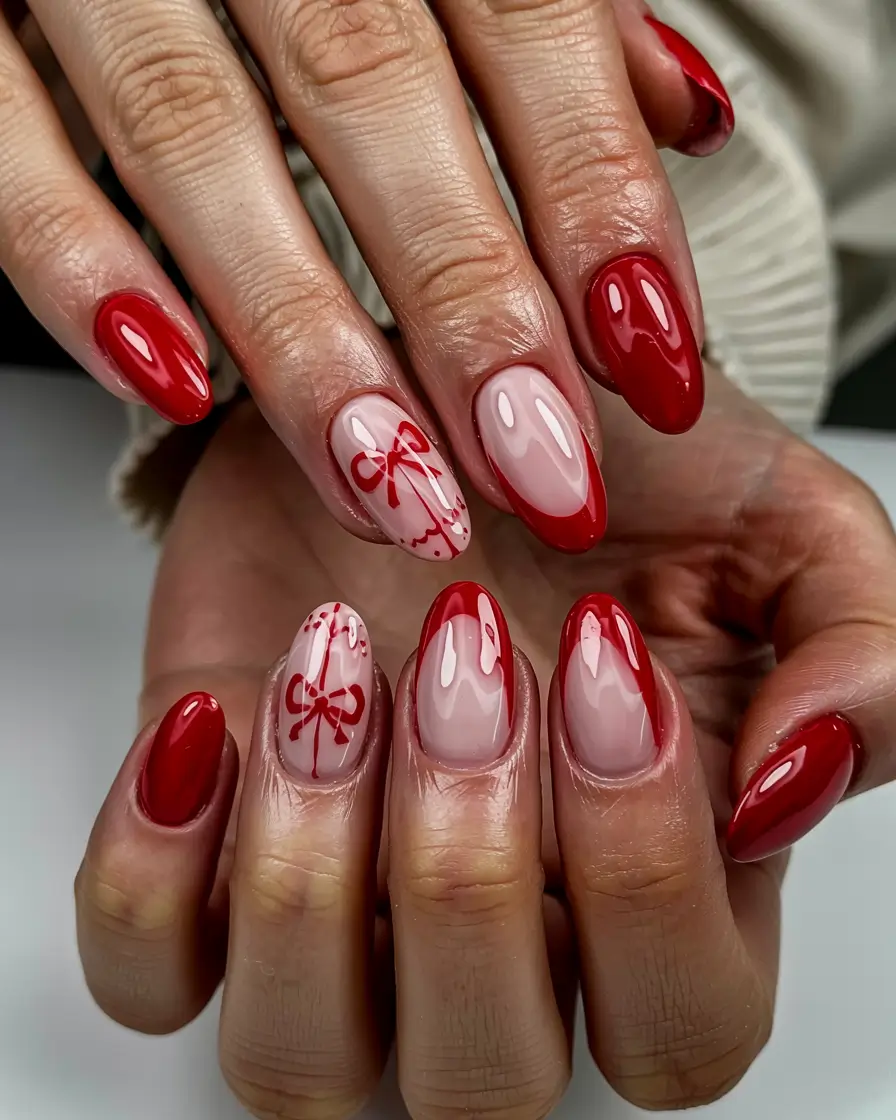 red christmas nails almond Red Ribbon Romance
