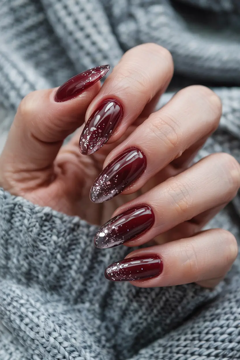dark red christmas nails winter Garnet Glow with Silver Dust