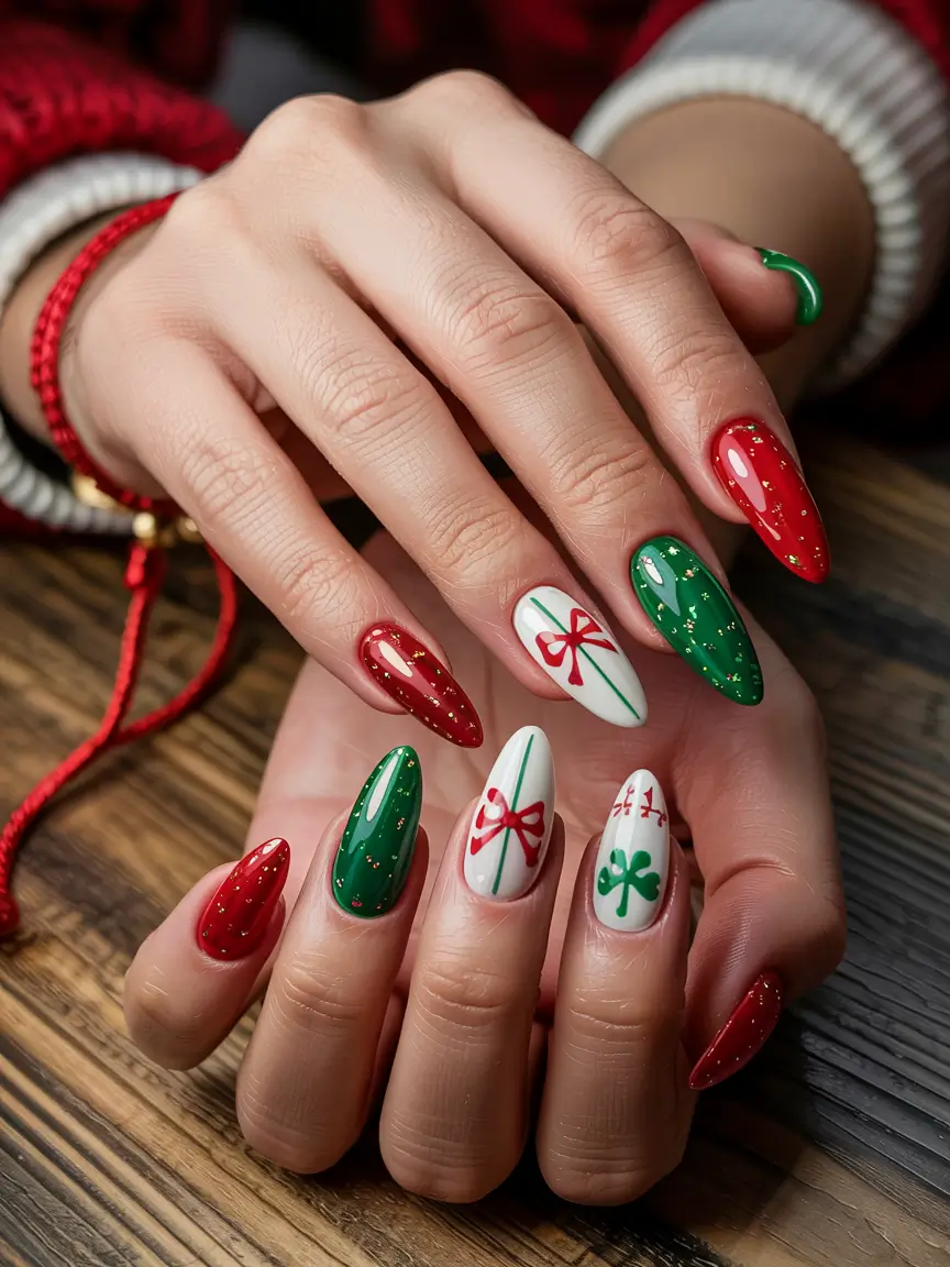 red christmas nails art inspo Festive Gift Wrap Glam
