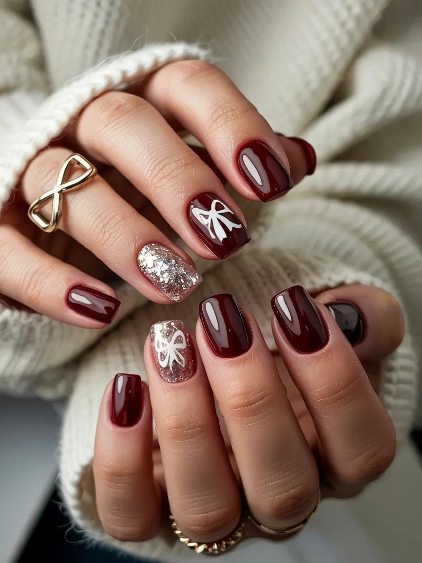 red christmas nails winter Chic Burgundy Glam with a Festive Bow