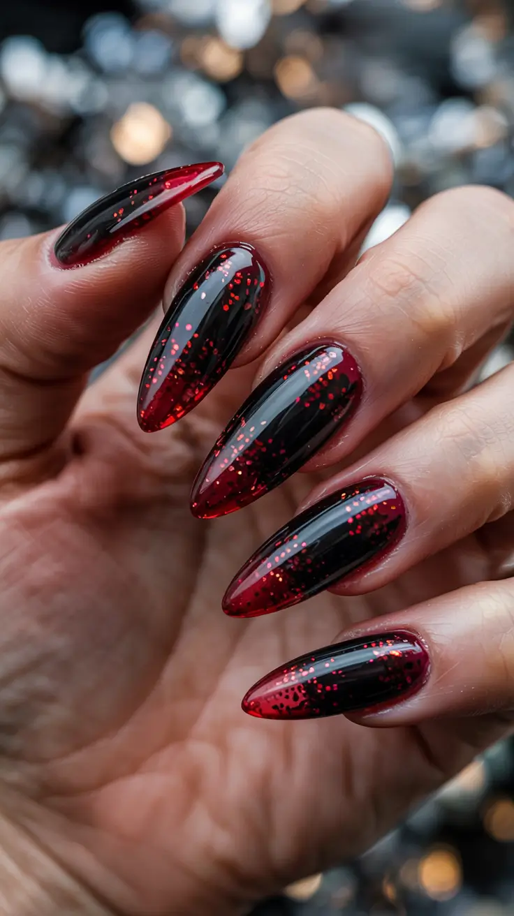red christmas nails almond Dark Cherry Ombre with Glitter Fade