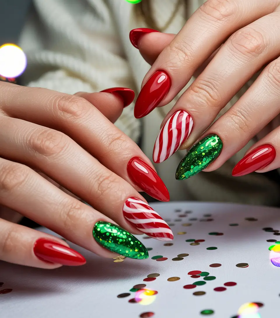 red christmas nails designs 2025 Candy Cane Sparkle