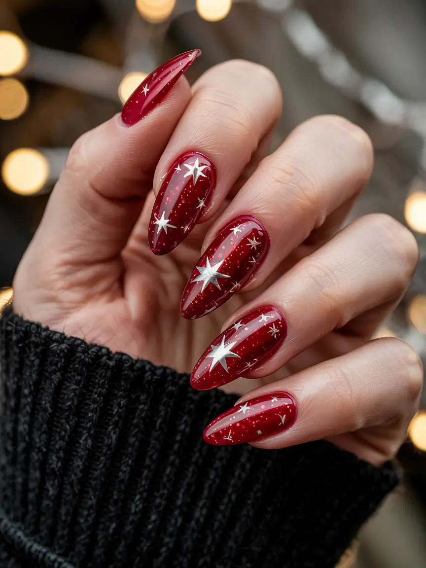 red christmas nails glitter Starry Red Night
