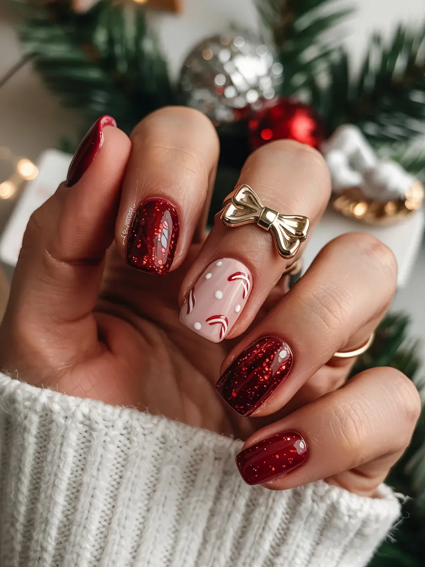 red christmas nails short Classic Candy Cane Glam