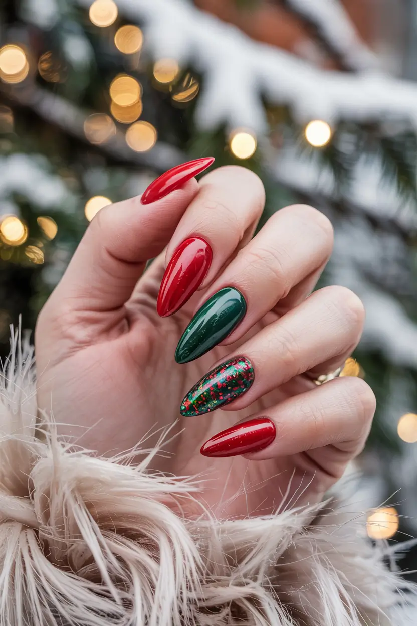 red christmas nails almond Classic Red & Evergreen Magic
