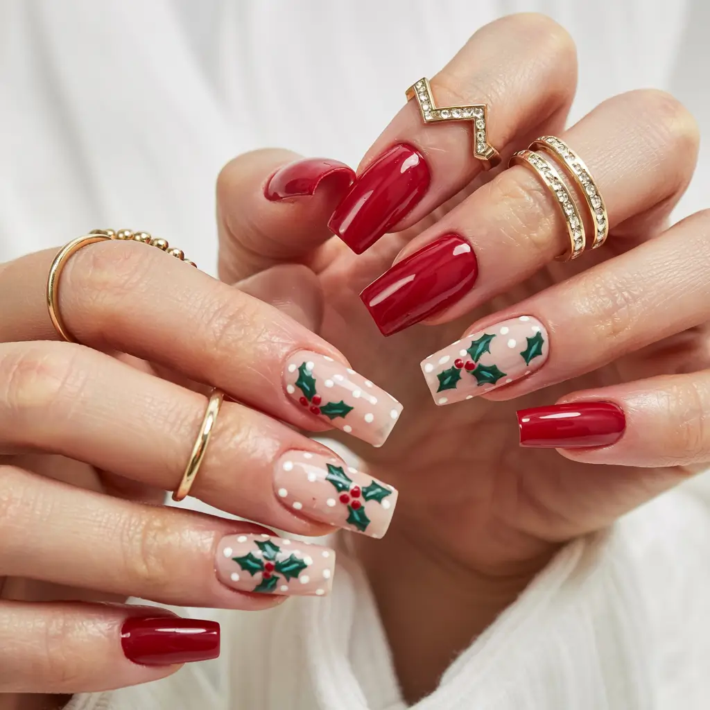 red christmas nails square Holly Berry Charm