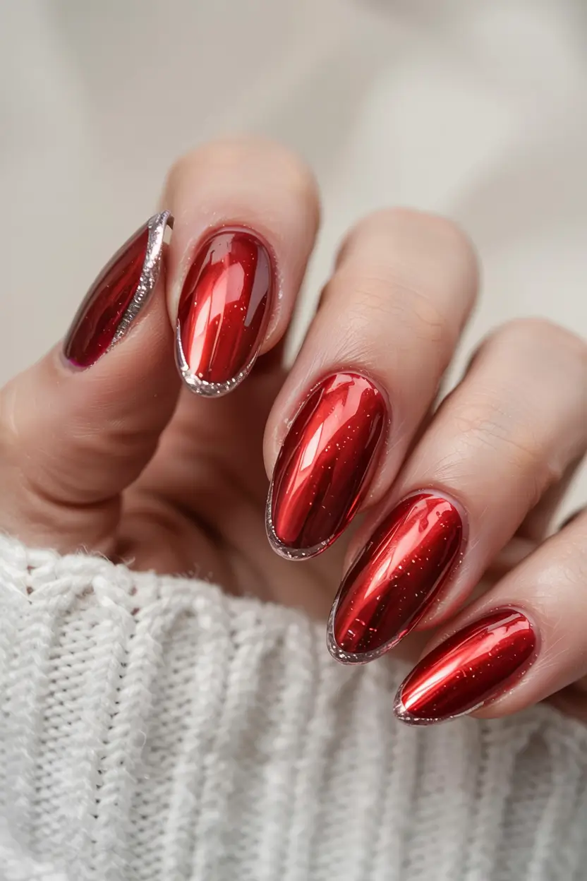 red christmas nails 2025 Metallic Scarlet Chrome