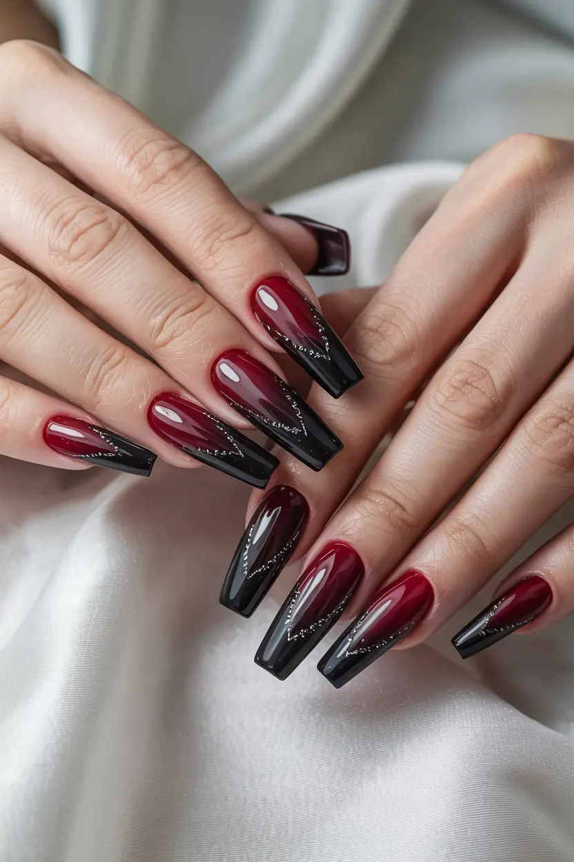 red christmas nails coffin Midnight Elegance in Red and Black