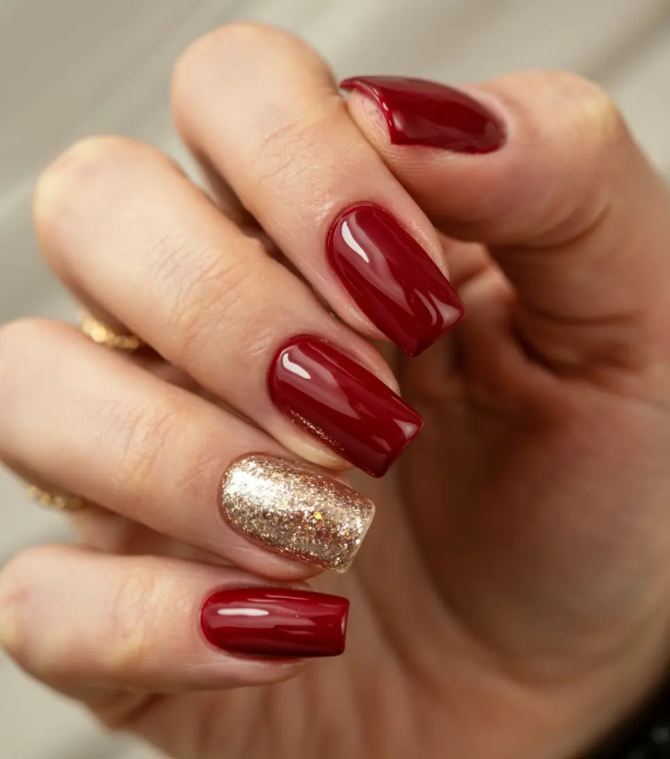 red christmas nails square Crimson Elegance with Gold Accent