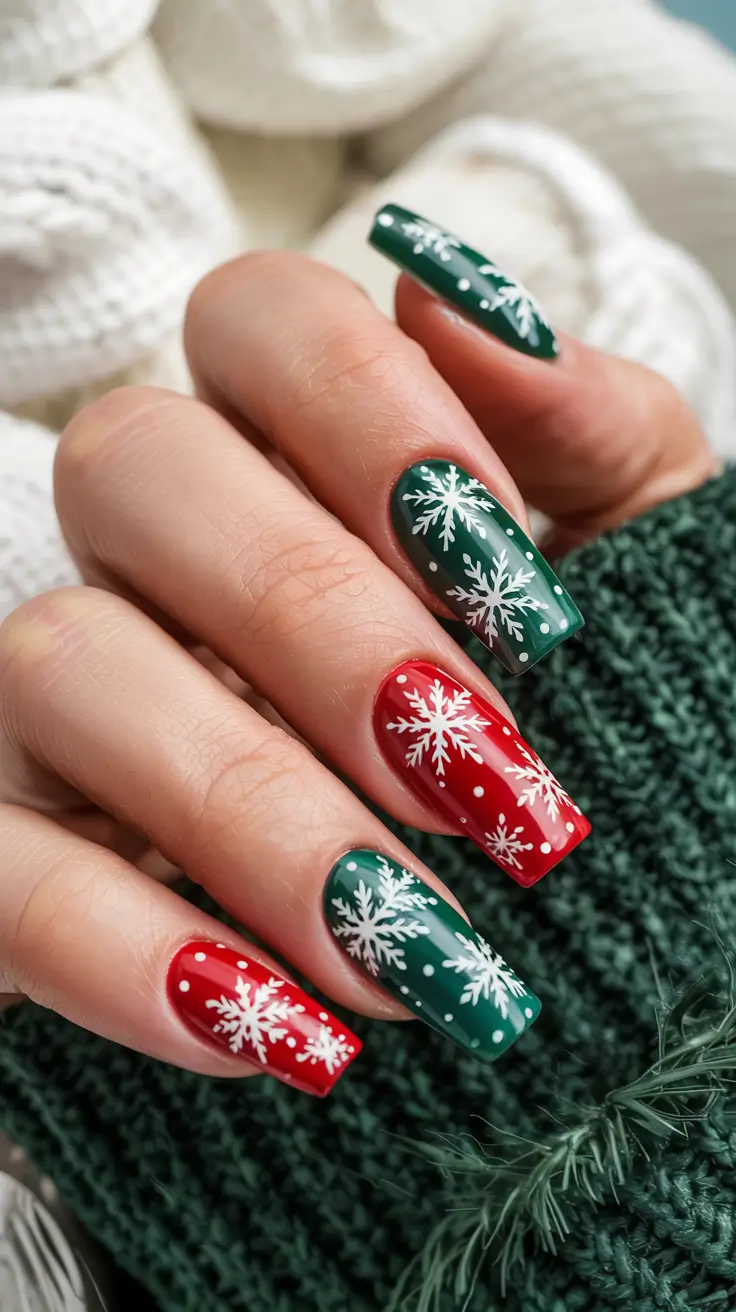 red christmas nails green and white Snowflake Dreams in Red and Green