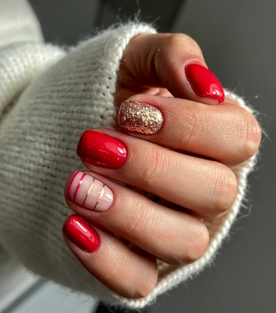 red christmas nails short Golden Stripes and Sparkling Tips