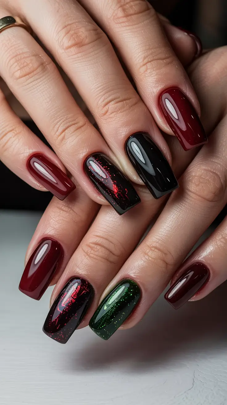 red christmas nails acrylic short Dark Gem Tones for Winter Nights