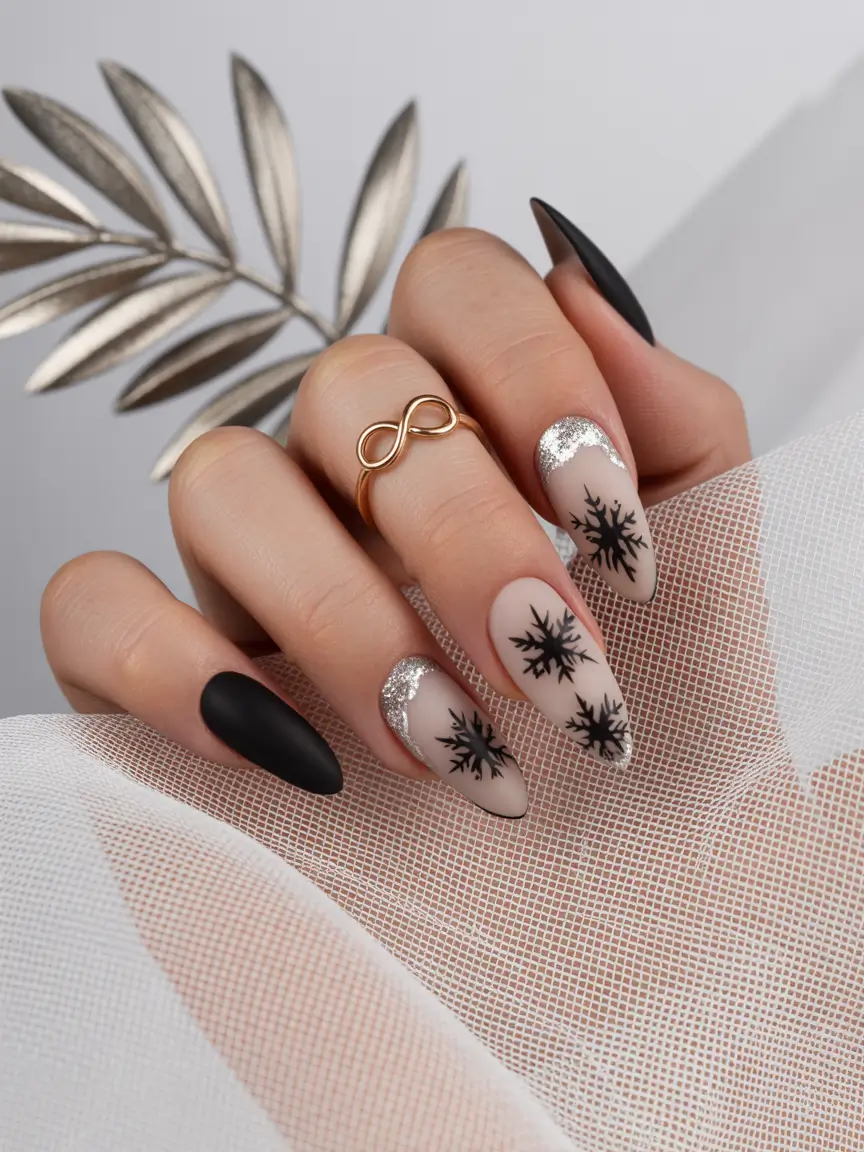 nail art ideas for winter Snowflake Noir
