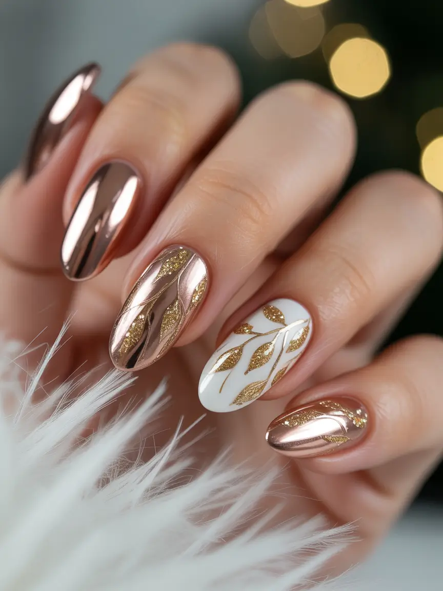 nail art ideas winter Rose Gold Winter Leaves