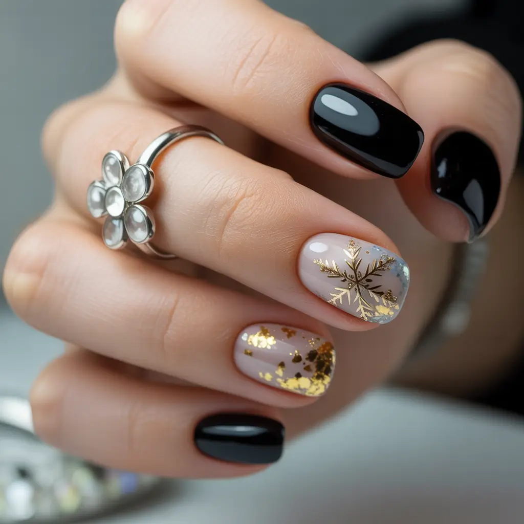nail art ideas elegant Golden Snowflake Accent
