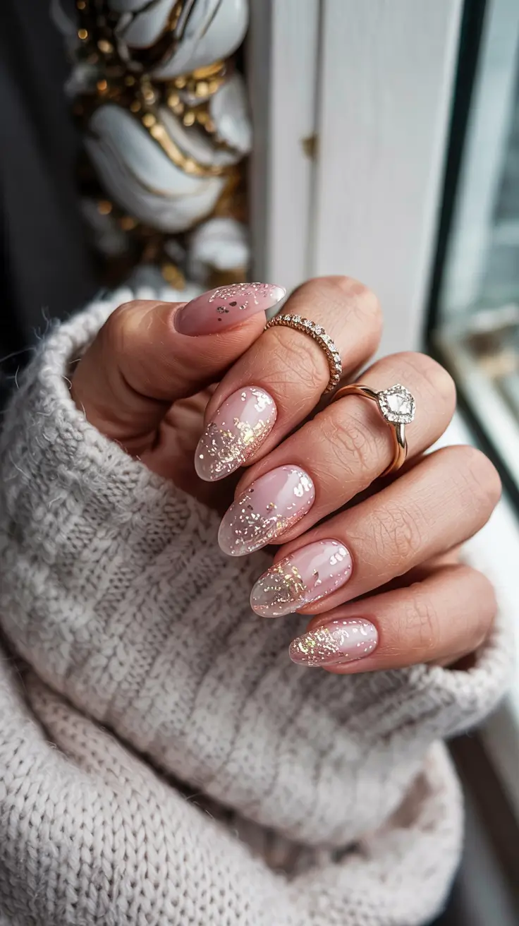 neutral winter nails with design Golden Dust Sparkle