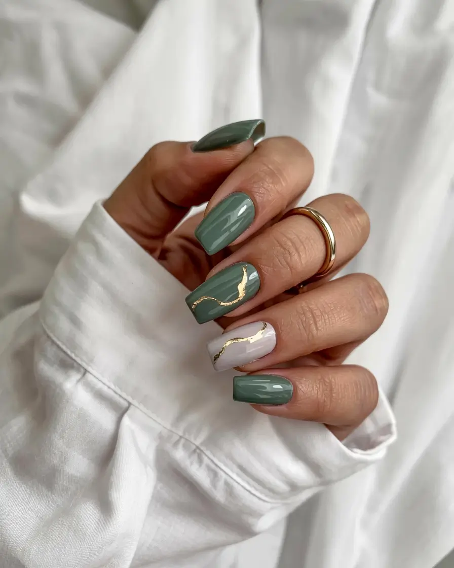 neutral winter nails square Golden Marble Sage
