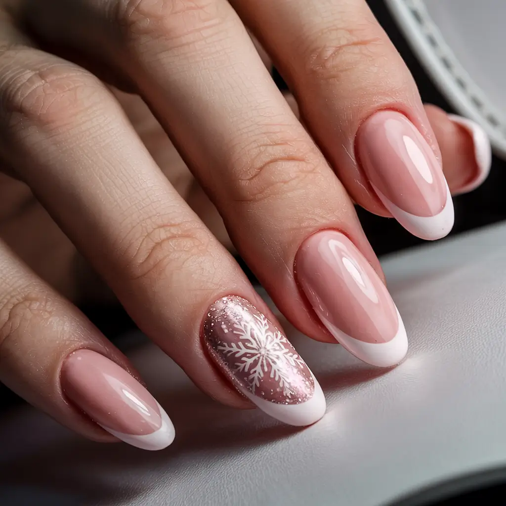 neutral winter nails snowflake Frosted French with a Snowflake Touch