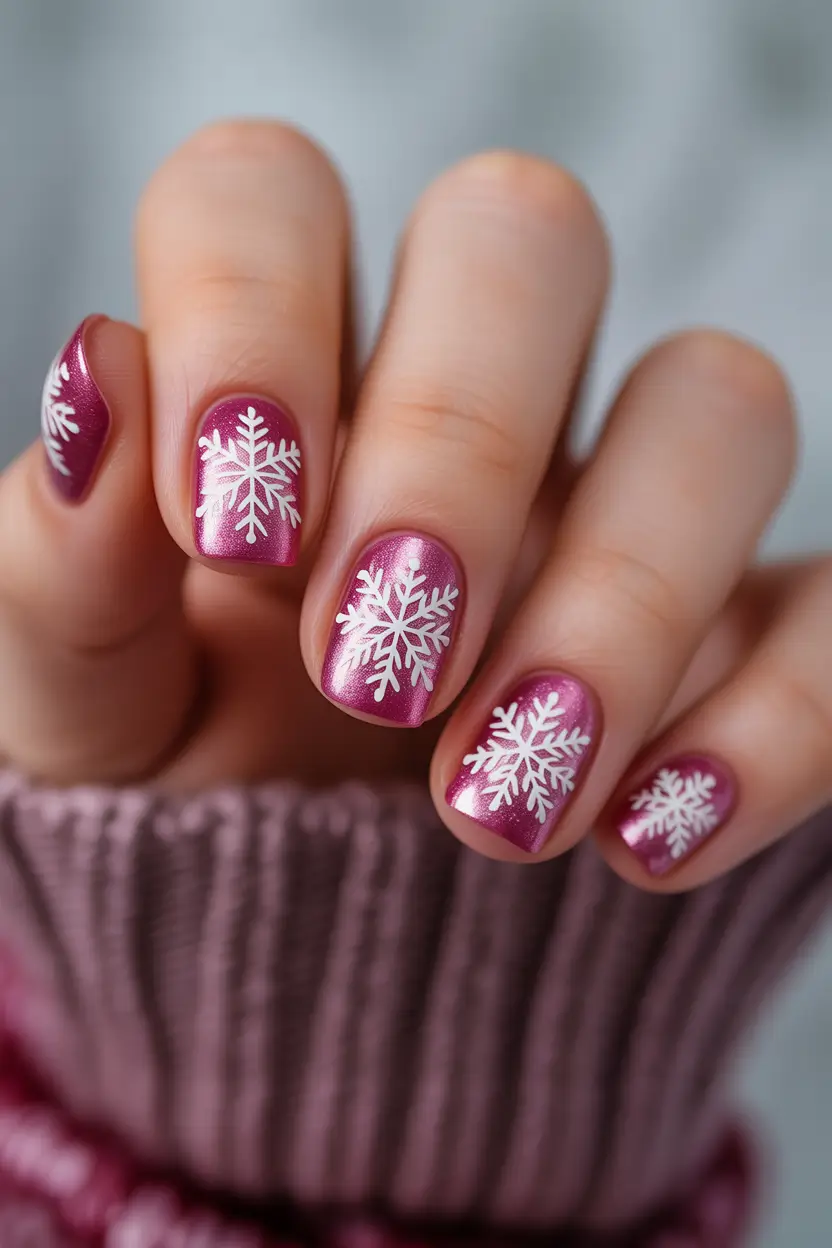 pink christmas nails 2025 Frosted Snowflakes on Candy Pink