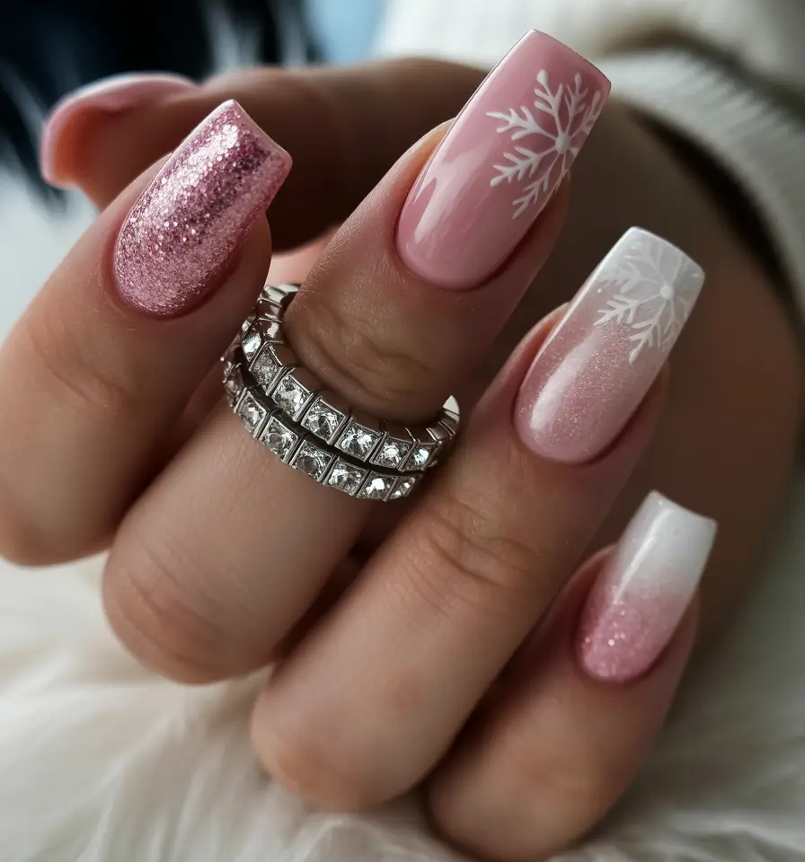 pink christmas nails 2025 Frosted Blush Ombre