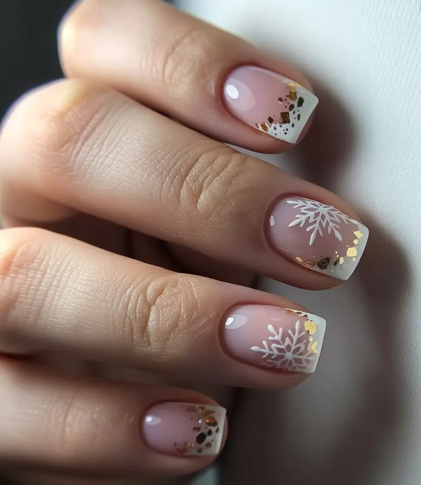 pink christmas nails 2025 Golden Snowfall Accent