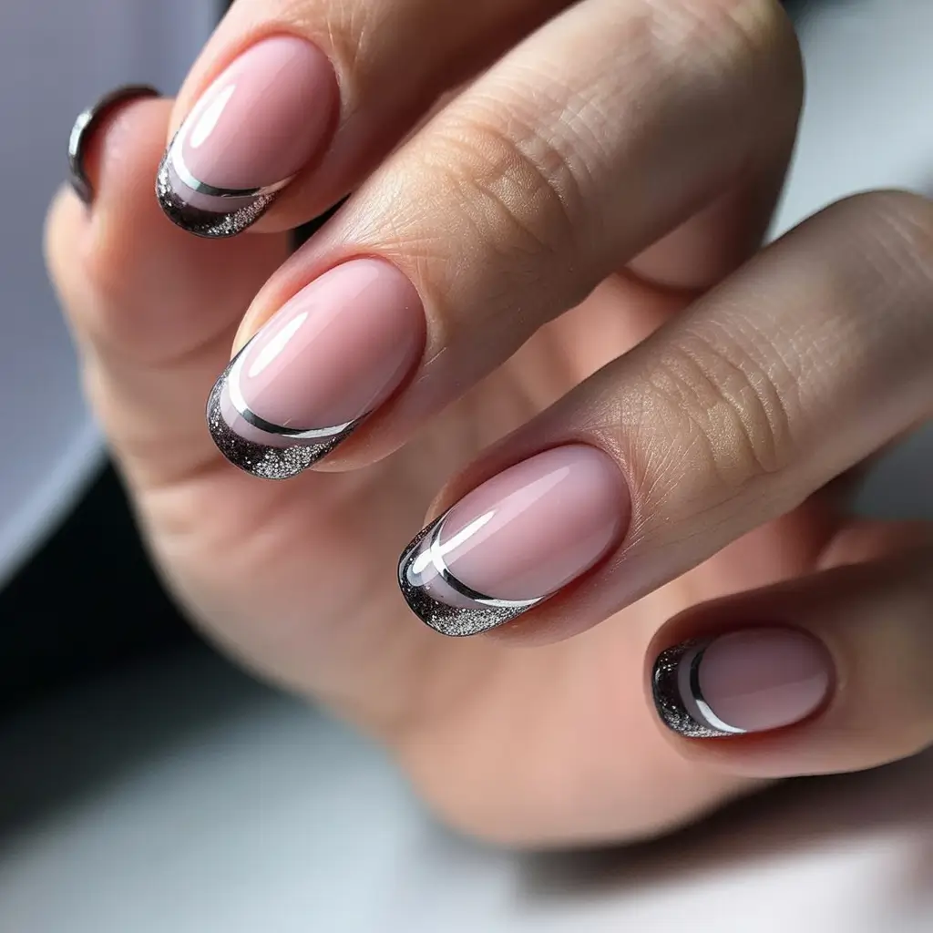pink christmas nails 2025 Elegant Silver-Tipped Neutrals