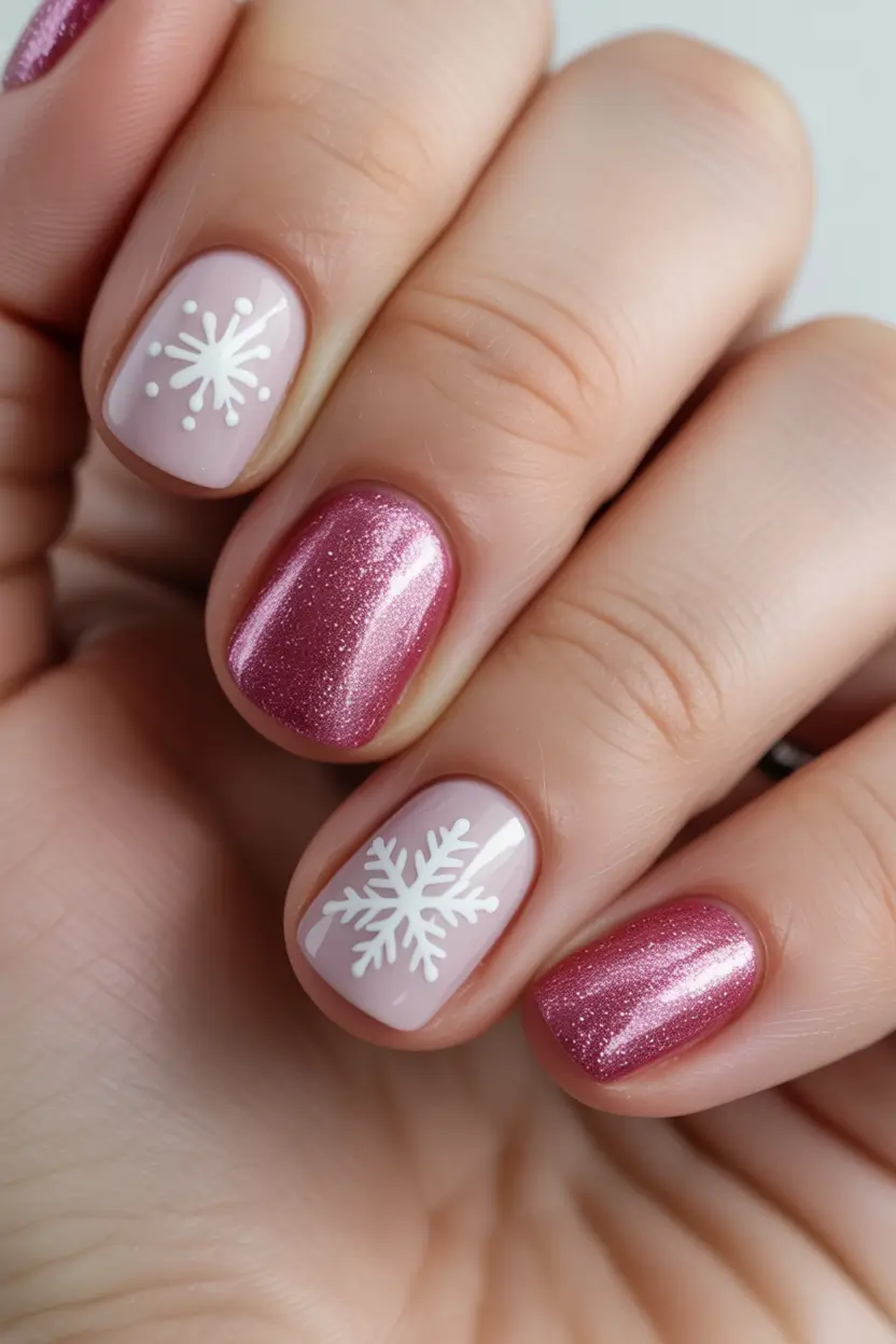 pink christmas nails 2025 Delicate Sparkle Snowflakes