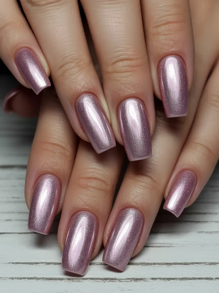 pink christmas nails 2025 Metallic Mauve Elegance