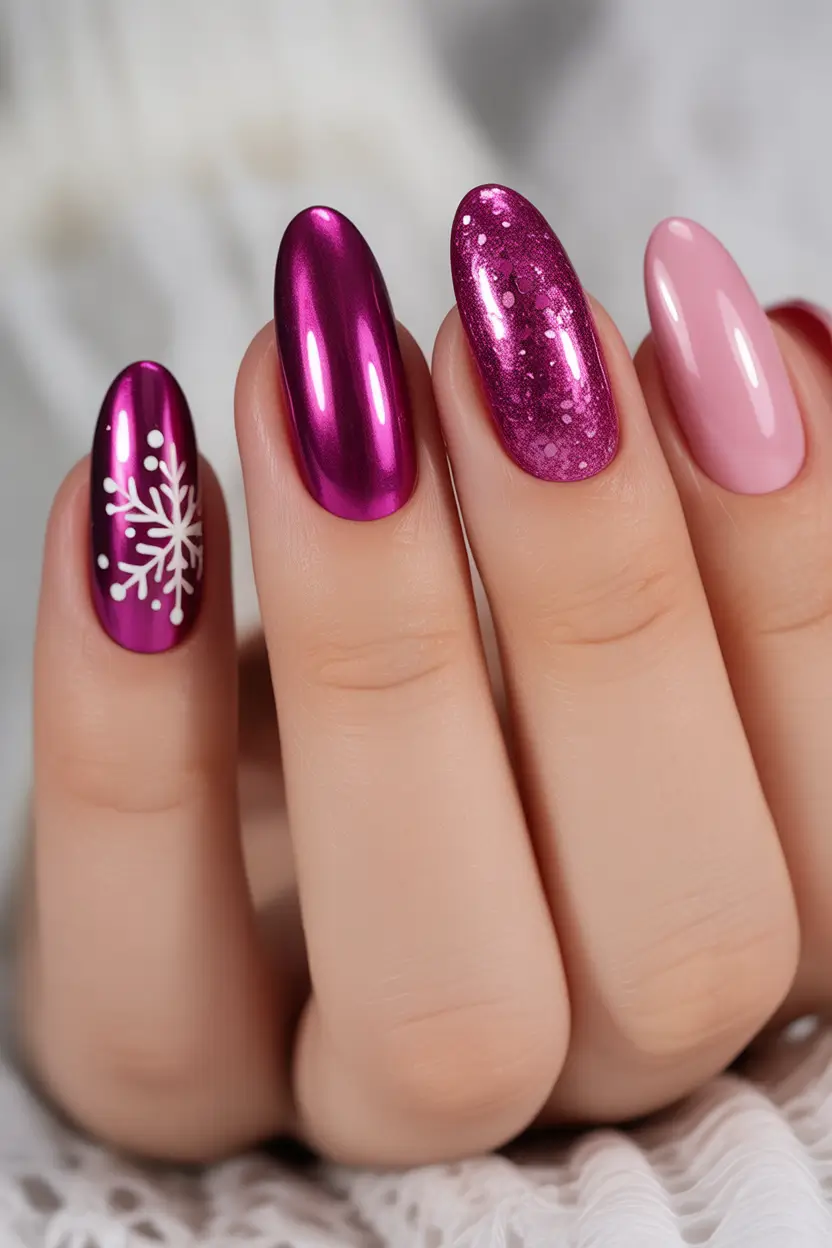 pink christmas nails 2025 Hot Magenta Chrome Mix