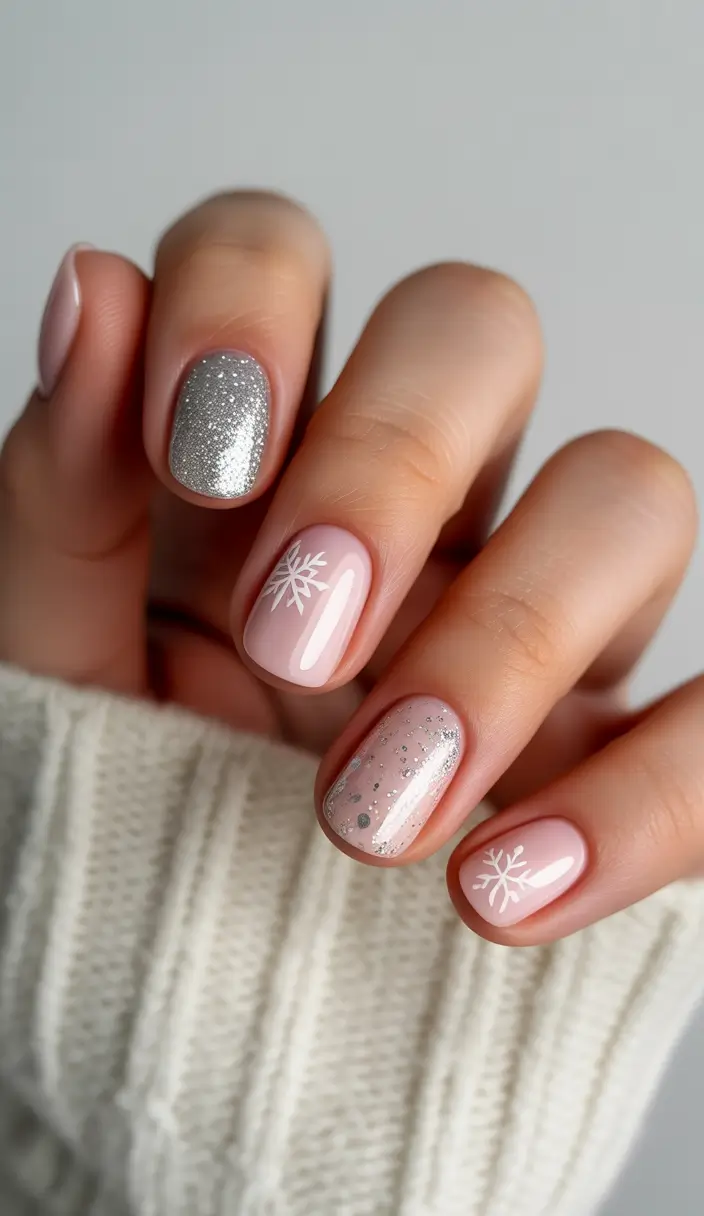 pink christmas nails 2025 Soft Silver Snowflakes