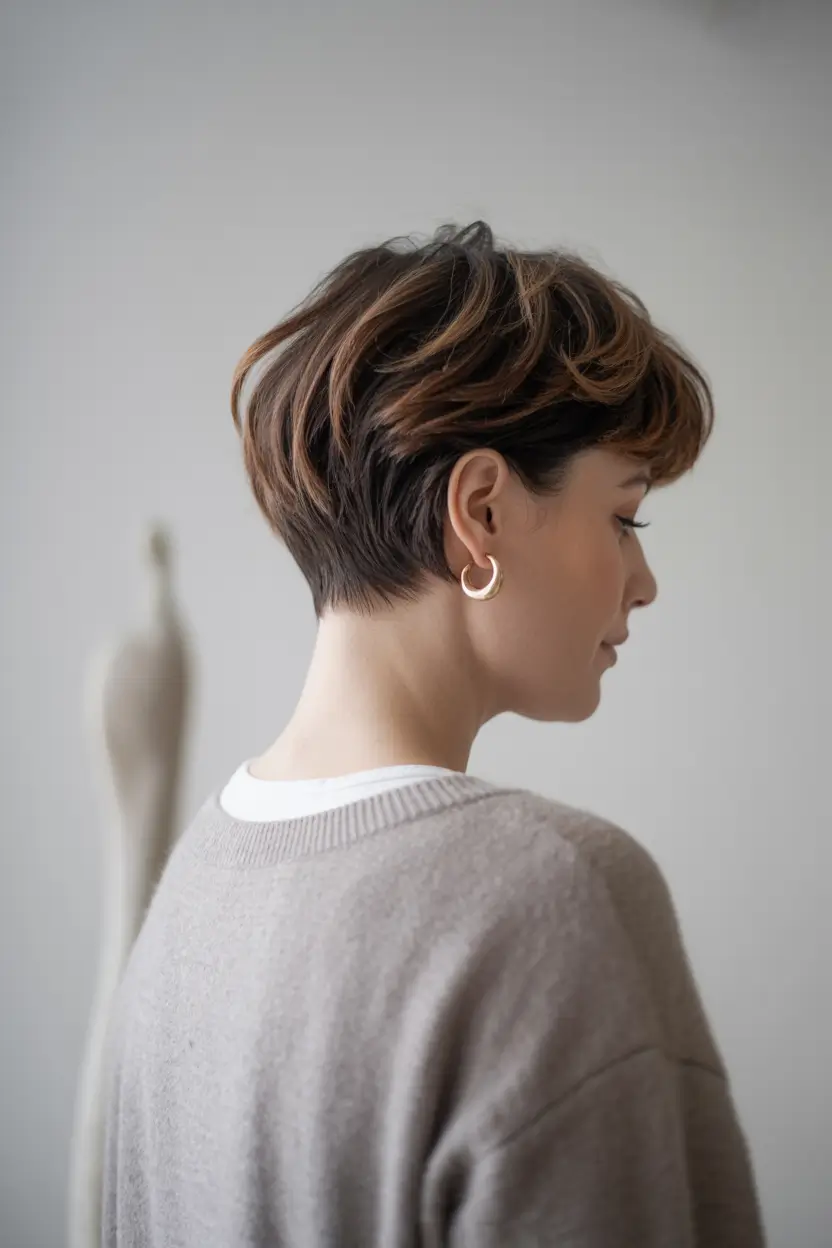 winter pixie haircuts 2025 - 2026 Rounded Brunette Pixie with Soft Layers