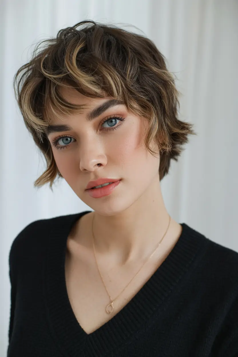 winter pixie haircuts 2025 - 2026 Textured Pixie Shag with Highlights