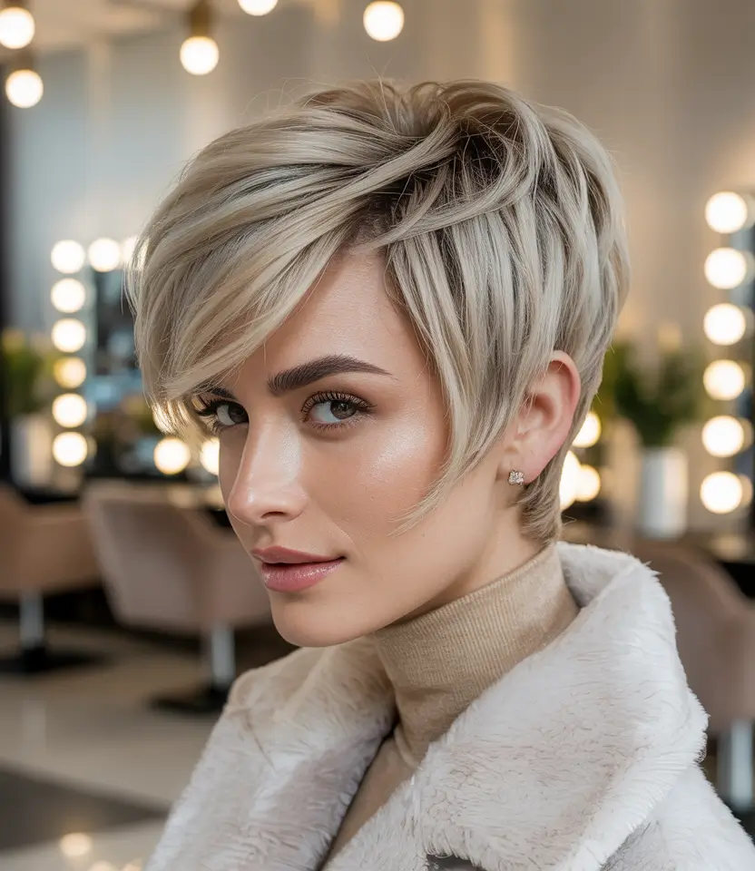 winter pixie haircuts 2025 - 2026 Platinum Pixie with Layered Dimension