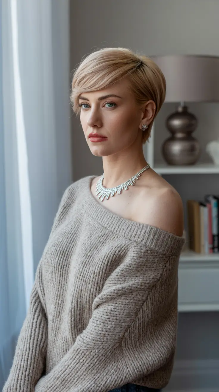 winter pixie haircuts 2025 - 2026 Soft Blonde Pixie with Side-Swept Bangs